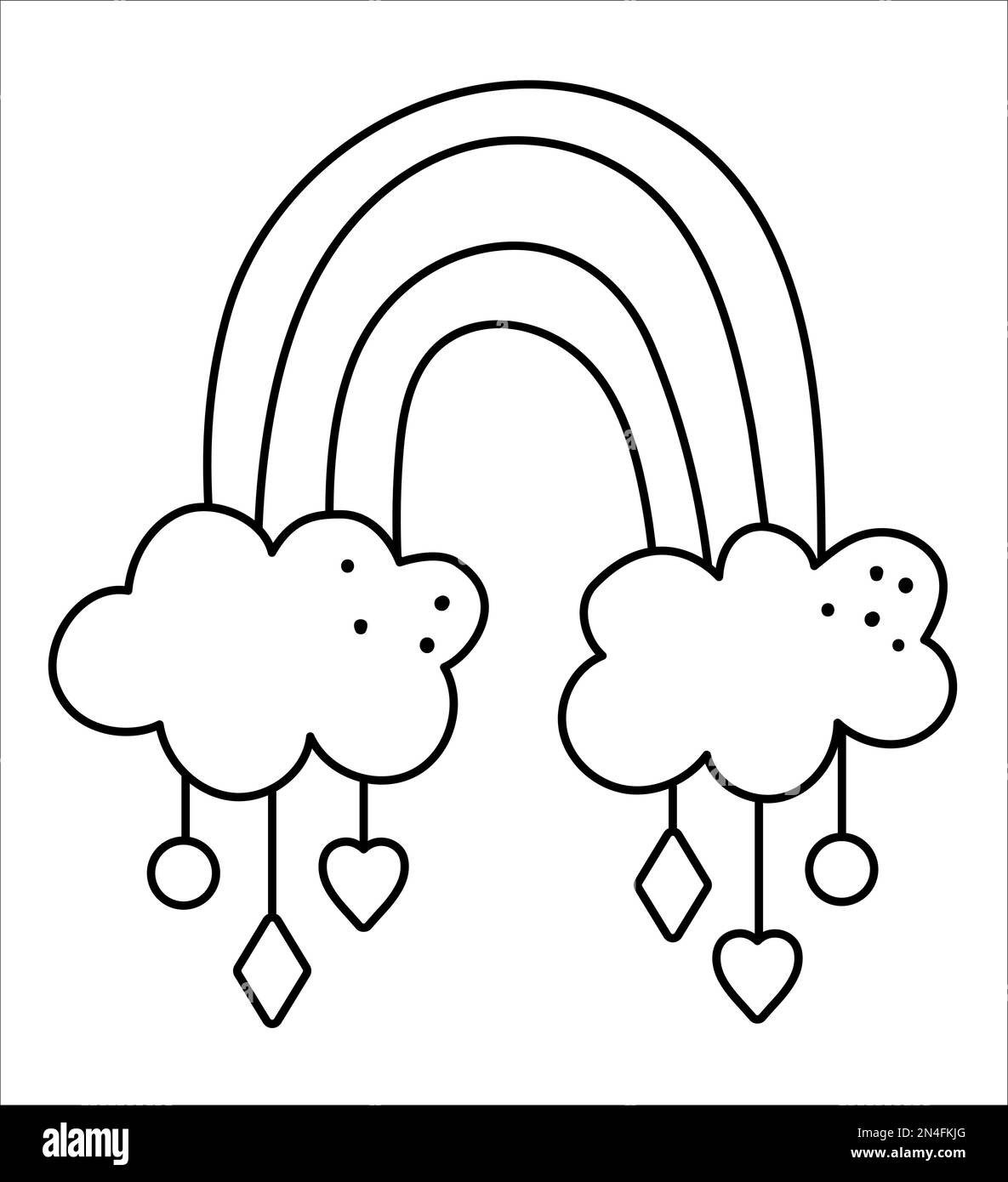 Vector black and white boho rainbow with pendants. Bohemian line icon
