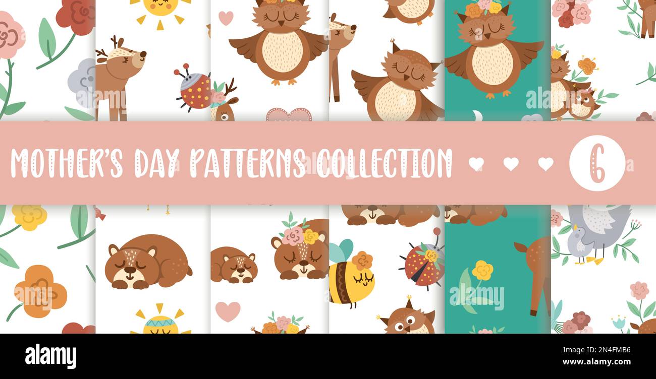 Vector seamless pattern collection with cute boho baby animals and parents. Funny woodland animal repeating backgrounds set. Mothers Day digital paper Stock Vector