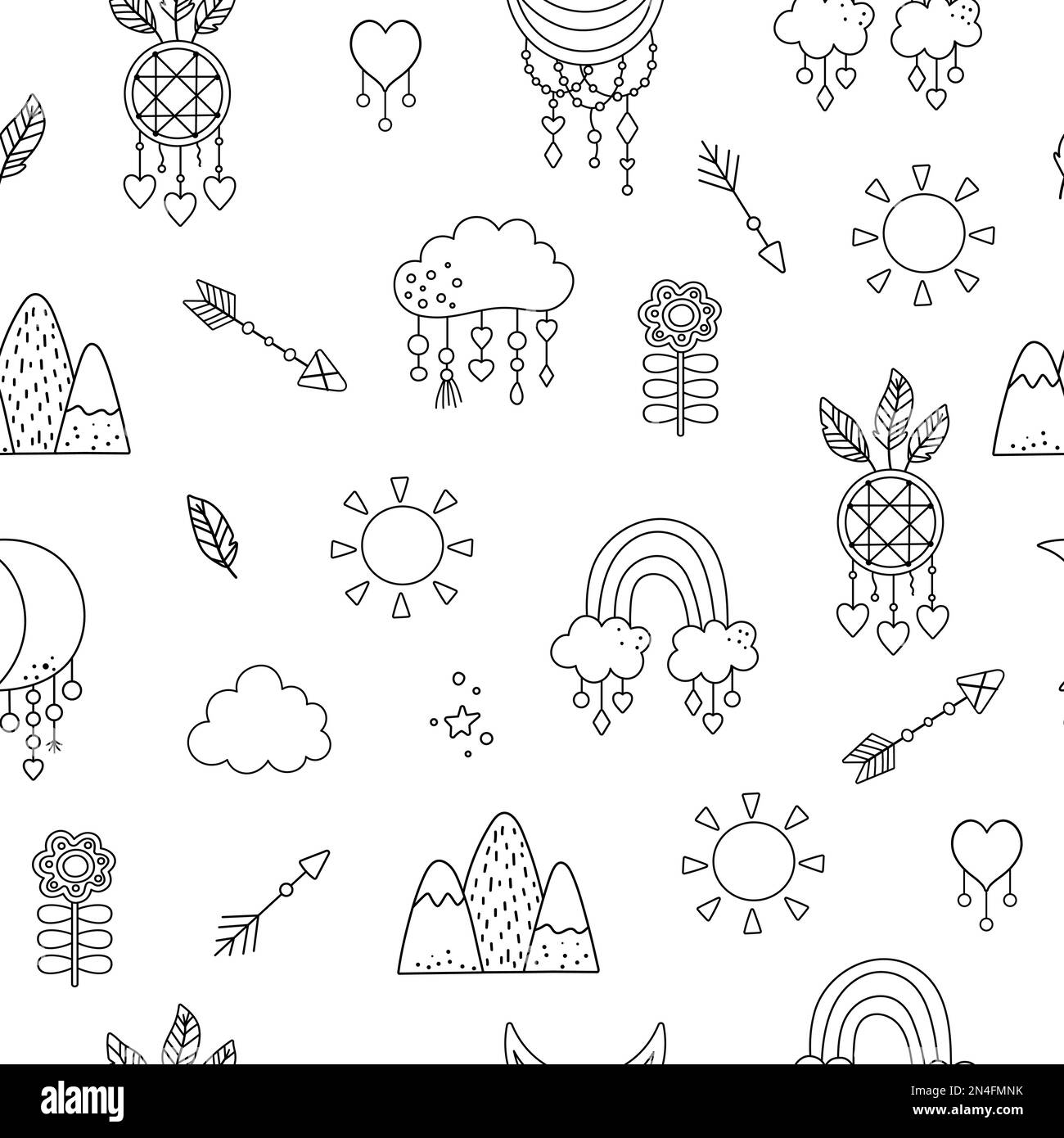 Vector black and white boho ornament. Bohemian line seamless pattern with stars, sun, mountains, dreamcatcher and clouds. Wild and free repeating back Stock Vector