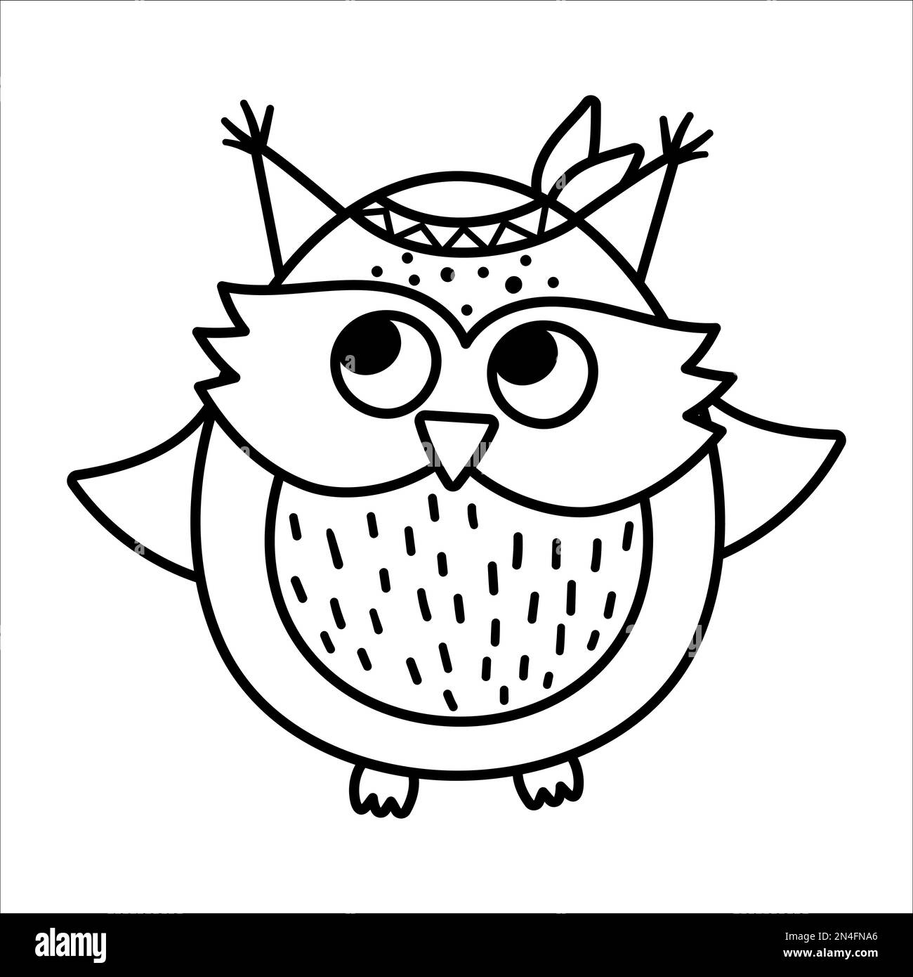 Vector black and white hand drawn baby owl. Cute little woodland bird ...
