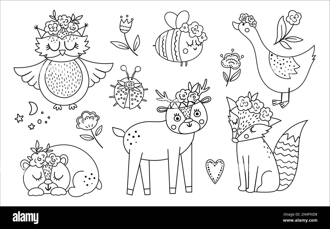 Vector black and white woodland animals, insects and birds collection. Boho line forest set. Bohemian fox, owl, bear, deer, ladybug, goose with flower Stock Vector