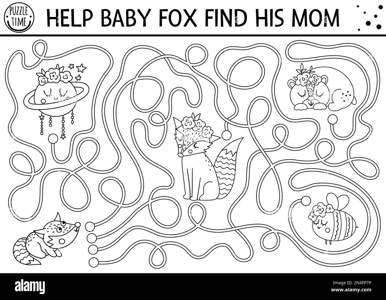 Mothers day black and white maze for children. Holiday preschool printable activity. Funny family love game with cute animals. Mother and baby labyrin Stock Vector