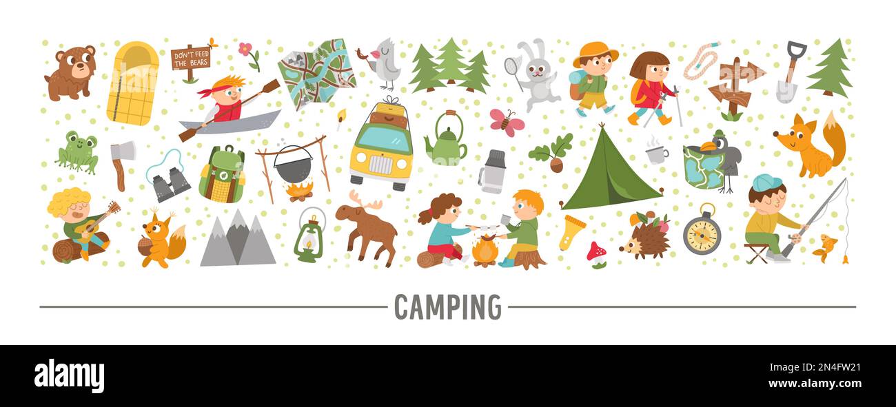 Vector horizontal set with cute comic forest animals, elements and ...