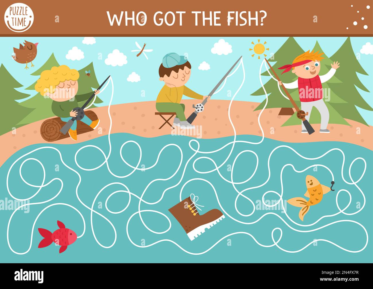 Summer camp maze for children. Active holidays preschool printable