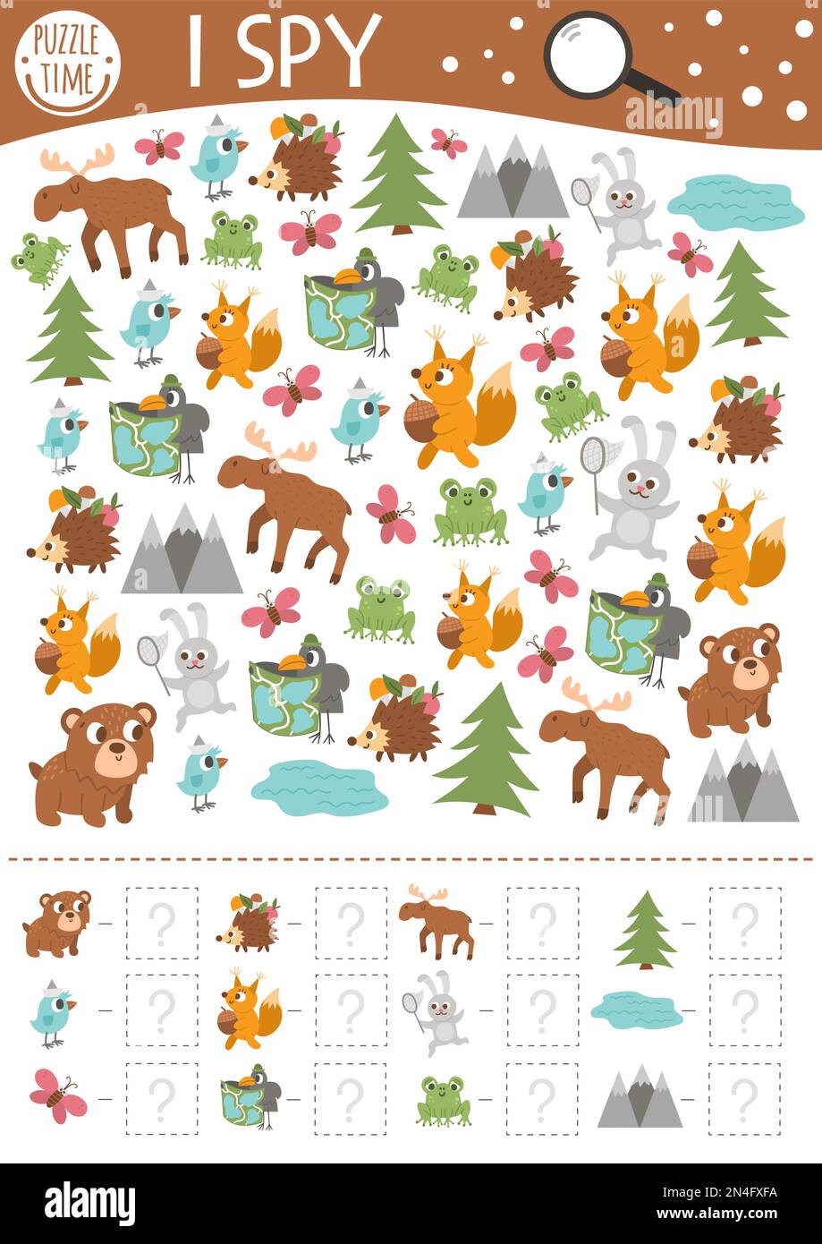 Forest I spy game for kids. Searching and counting activity for preschool children with woodland animals and nature elements. Funny printable workshee Stock Vector
