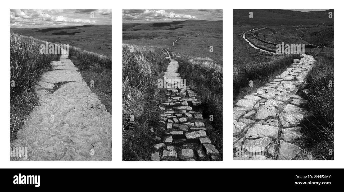 Triptych showing parts of the path to be seen along the lower part of the route towards Whernside , with various means of reducing surface erosion. Stock Photo