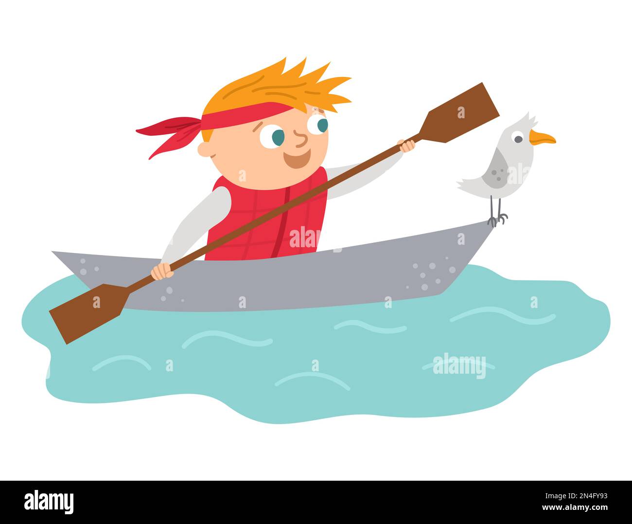 Vector cute kayaking boy. Campfire rafting scene with cute kid in a boat with paddle and seagull. Traveler isolated on white background. Outdoor water Stock Vector