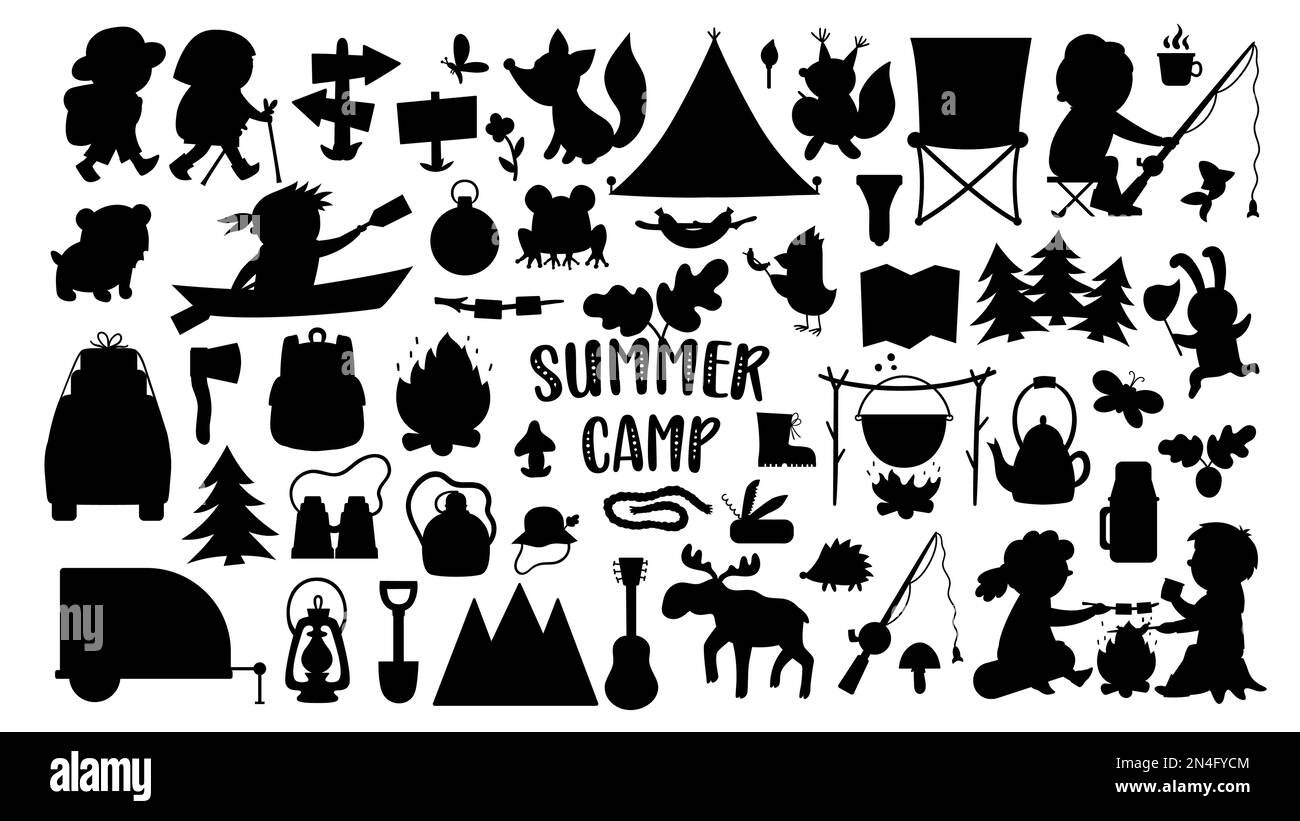 Vector summer camp silhouettes set. Camping, hiking, fishing equipment ...