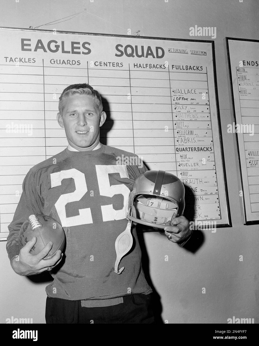 Tommy McDonald, All-America Oklahoma back, poses with a new number, head  gear and ball after he signed with the Philadelphia Eagles, Jan. 14, 1957,  to start a professional career in the NFL.