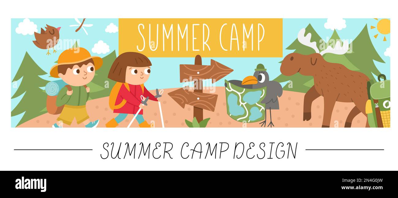 Cute Summer camp horizontal card with comic adorable forest animals and kids in the woods. Vector trip print template. Active holidays or local touris Stock Vector