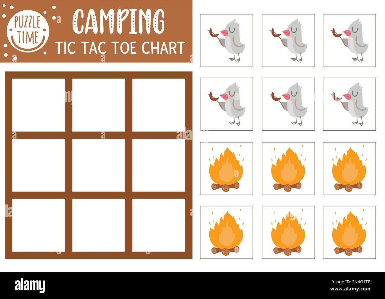 Vector forest tic tac toe chart with cute bird and fire. Woodland board game playing field with animal frying sausage. Funny printable worksheet for k Stock Vector