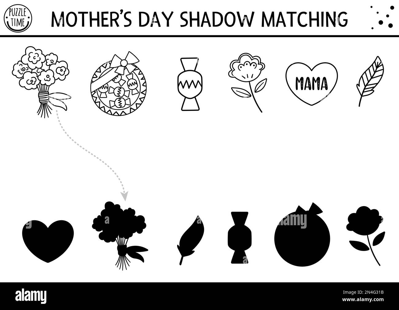 Mothers day black and white shadow matching activity for children with presents. Fun spring line coloring page. Family love game for kids. Find correc Stock Vector