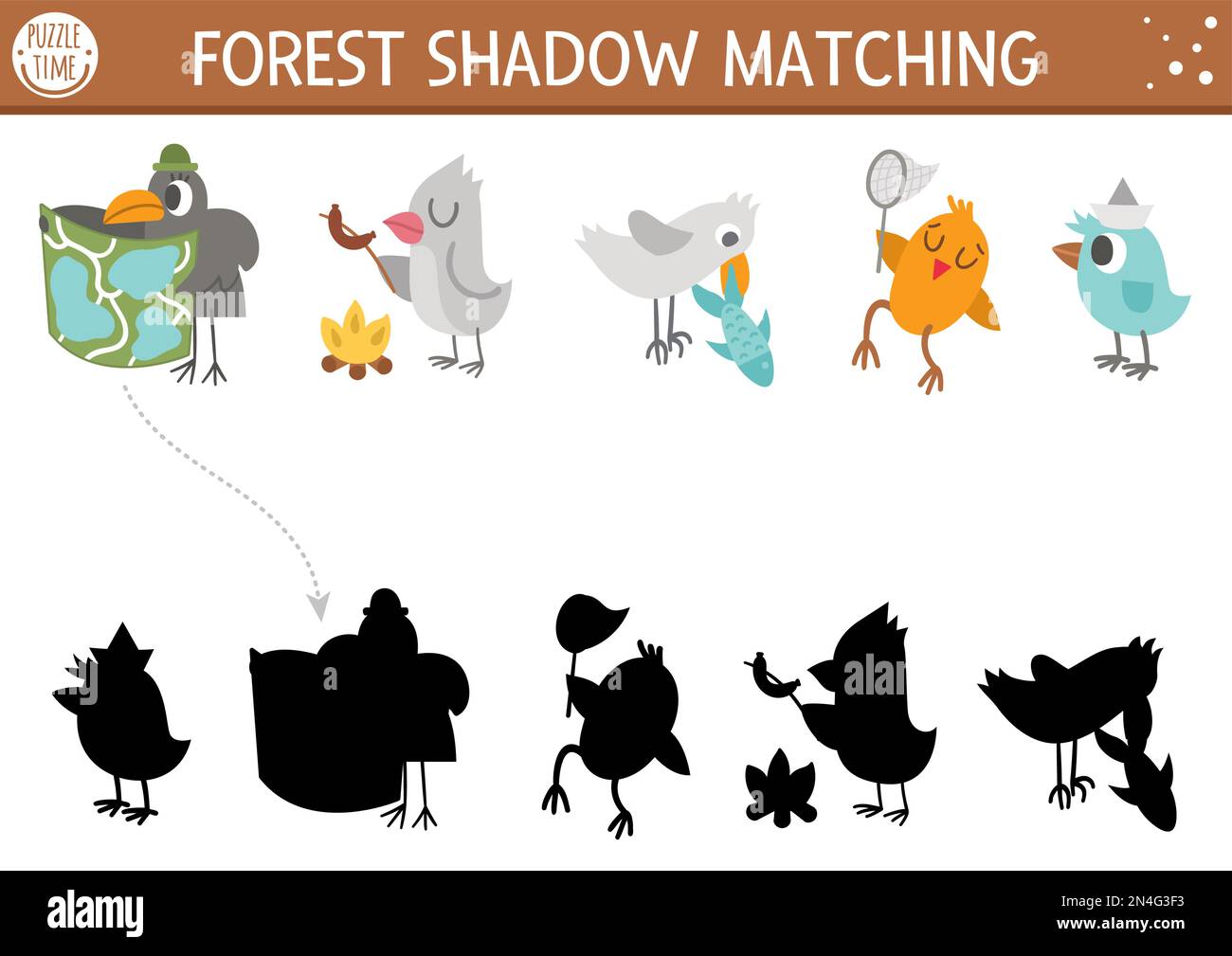 Forest or camping shadow matching activity with cute animals. Family nature trip puzzle with birds, raven with map, seagull with fish. Find the correc Stock Vector