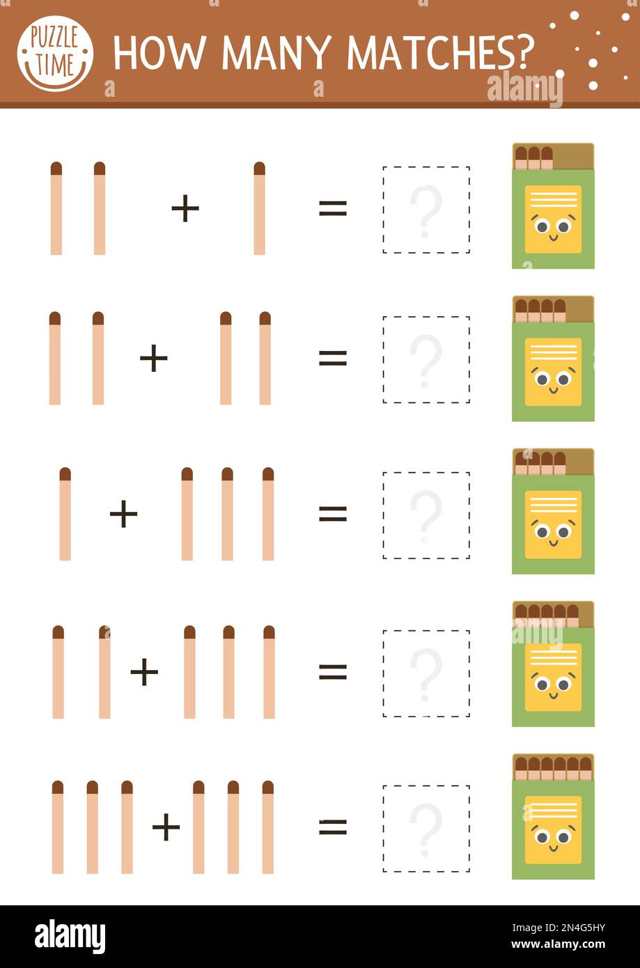 How many matches game with cute match in the box. Summer math addition activity for preschool children. Printable simple counting worksheet for kids w Stock Vector
