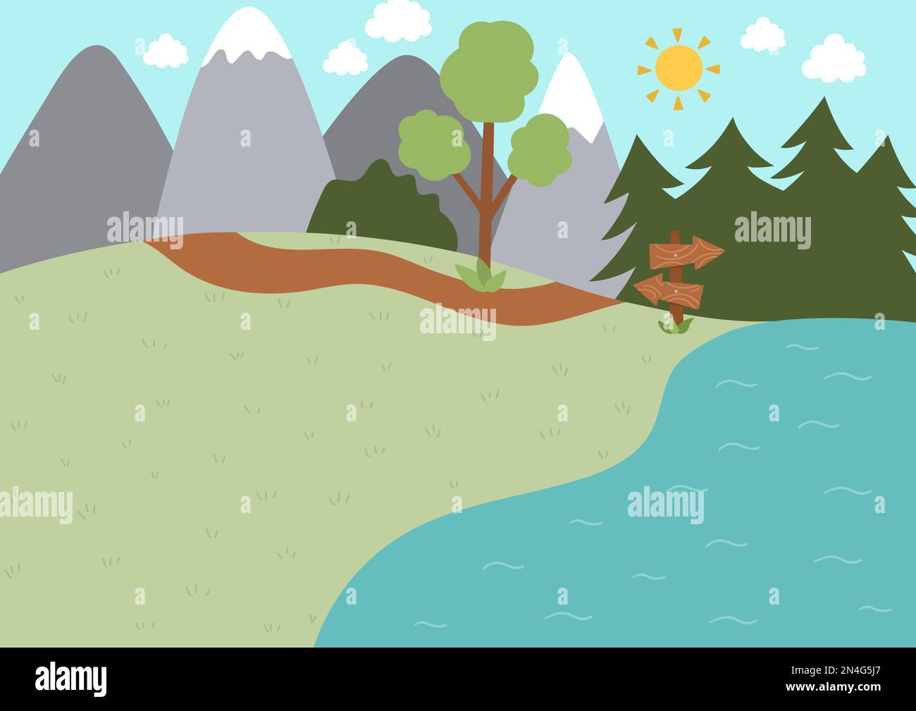 Summer camp background. Nature empty landscape with mountains, tree, path, forest, lake and wooden direction sign. Vector woodland scene. Active holid Stock Vector
