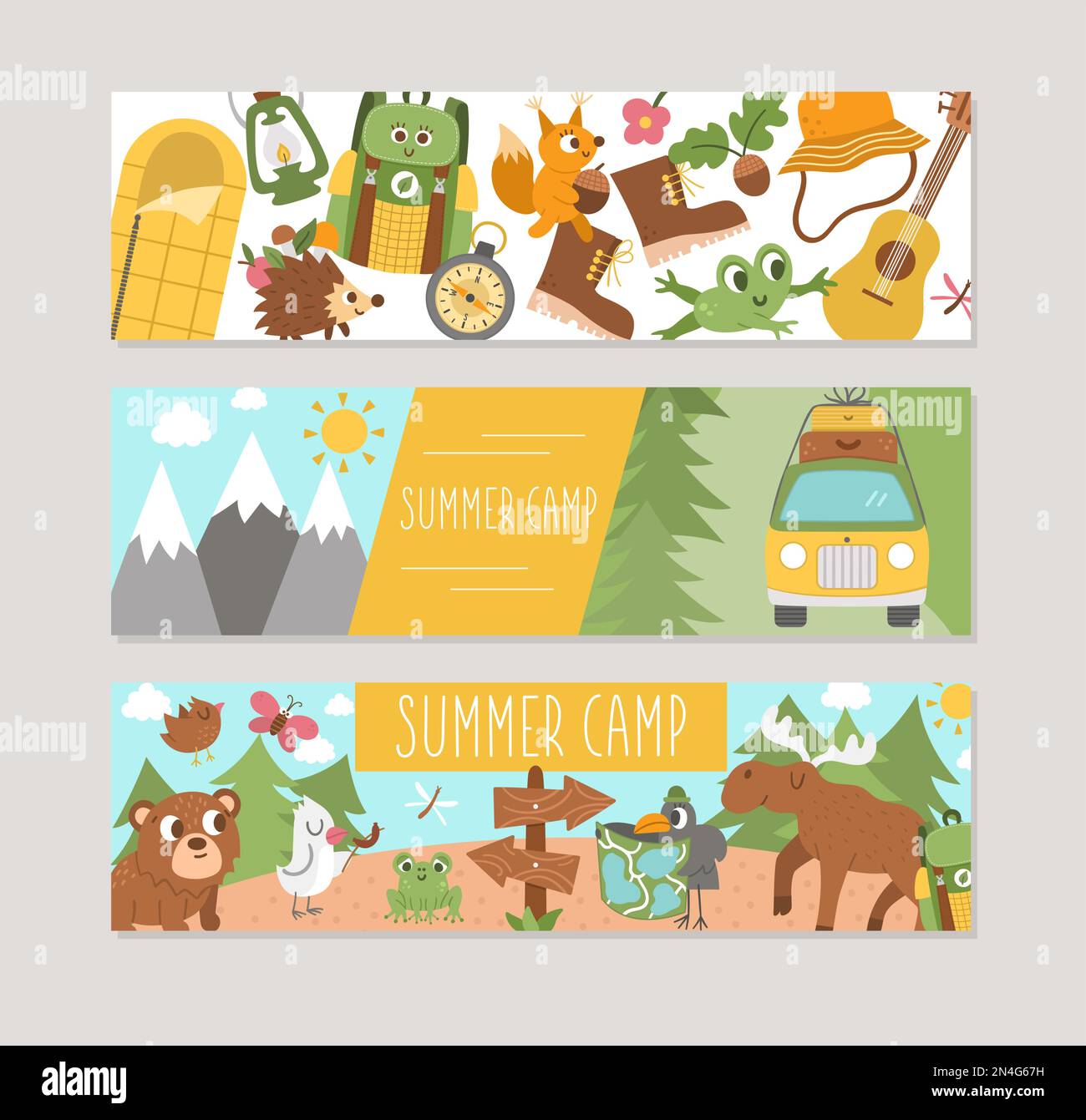 Set of Summer camp horizontal cards with cute forest animals, camping ...