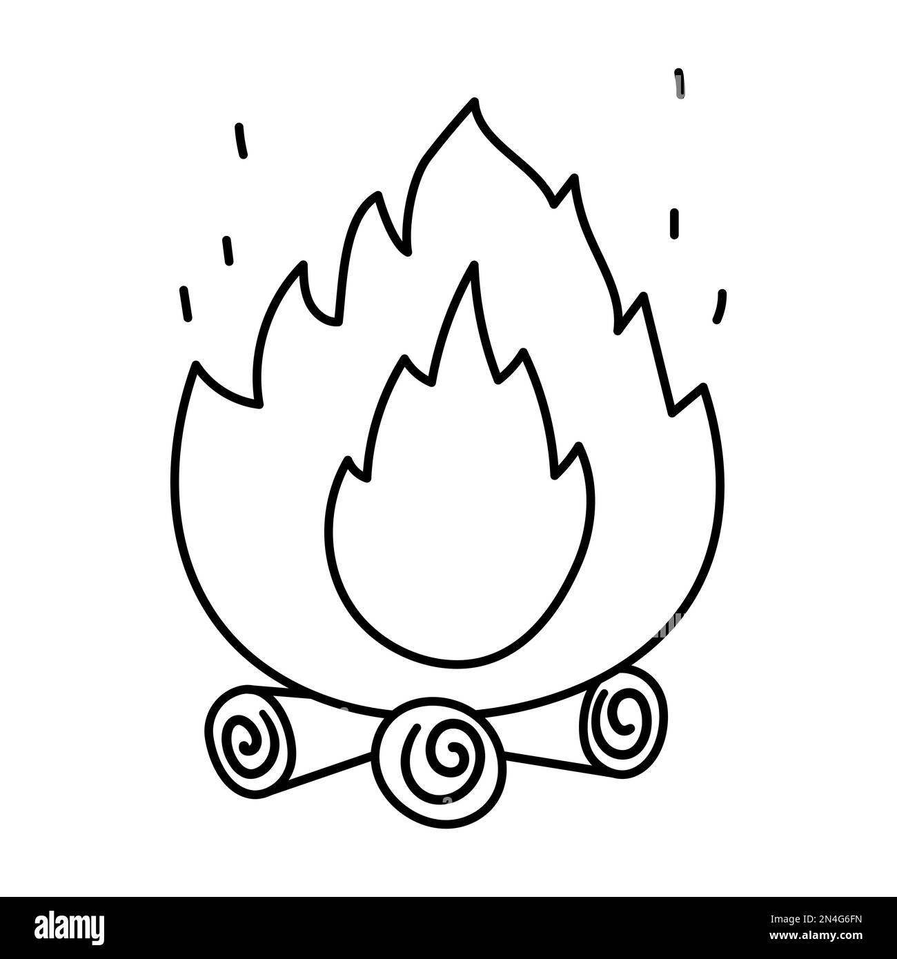 Cute black and white fire on the logs. Vector campfire illustration isolated on white background. Autumn or Summer season bonfire line icon for print, Stock Vector