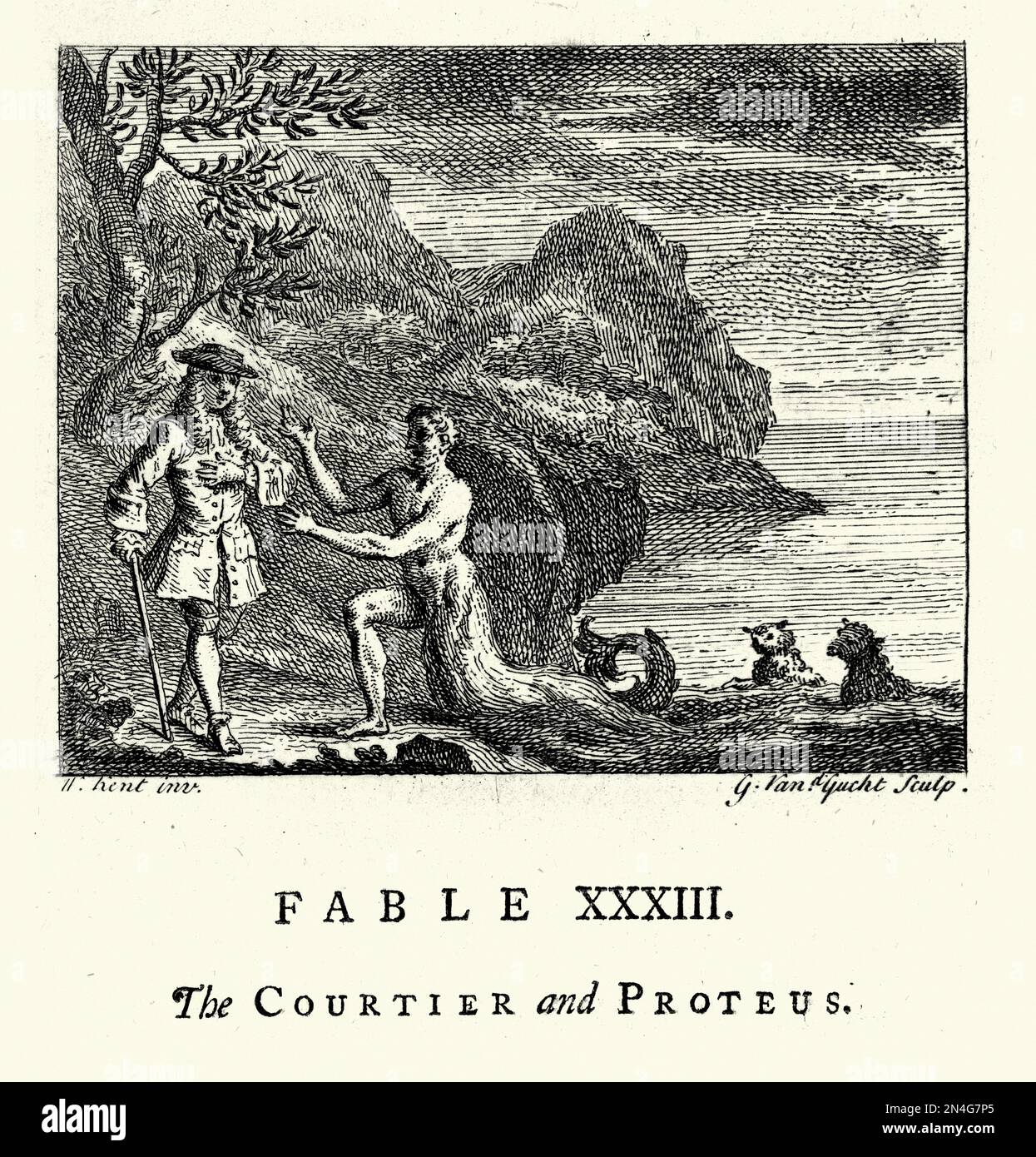 Vintage engraving the Courtier and Proteus, and early prophetic sea-god or god of rivers, the Old Man of the Sea, From the Fables of John Gay, 18th Century Stock Photo