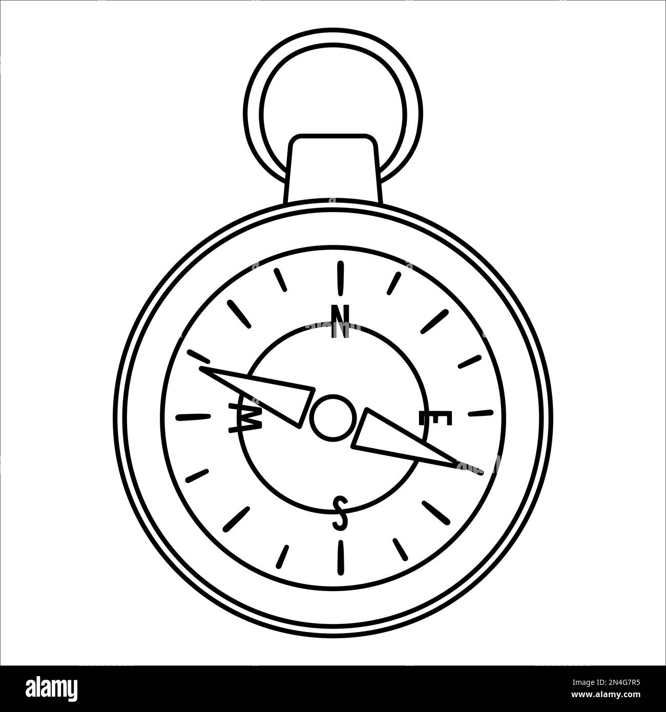 Vector black and white compass icon isolated on white background. Camping or hiking equipment outline illustration for kids. Line art orienteering dev Stock Vector