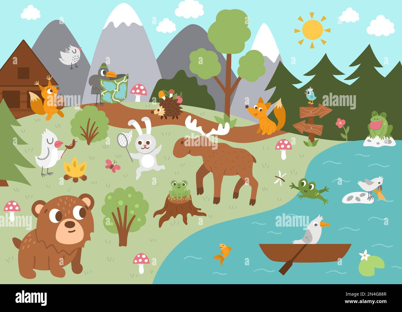 Summer camp background with cute forest animals. Vector woodland scene ...