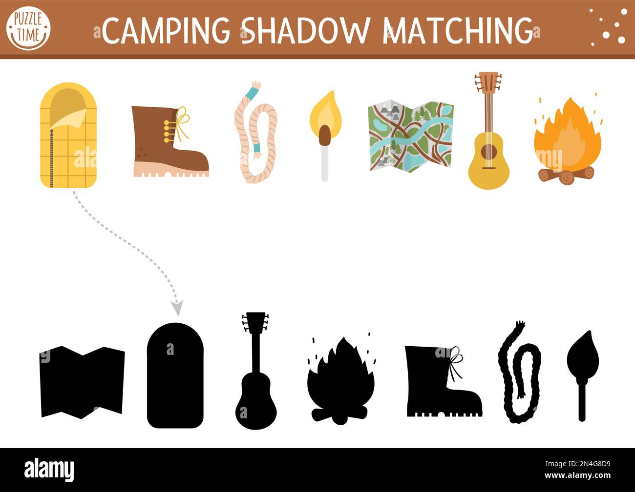 Summer camp shadow matching activity for children with cute kawaii camping equipment. Family nature trip puzzle with cute objects. Find the correct si Stock Vector