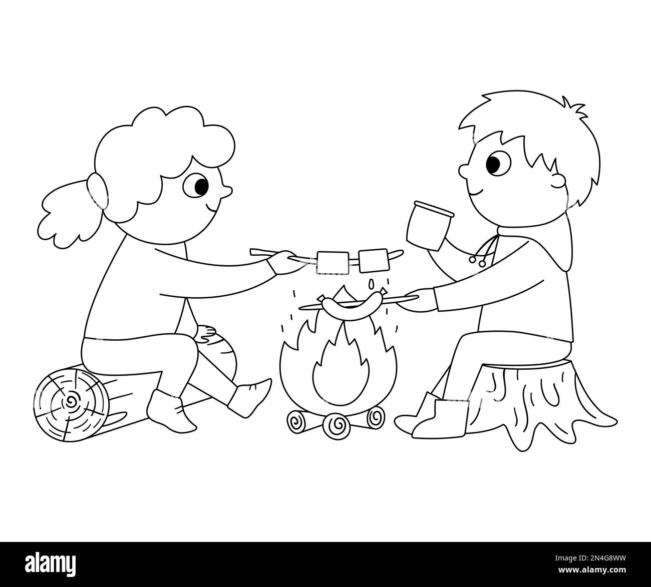 Vector black and white boy and girl sitting by the fire and frying sausage and marshmallow. Campfire outline activity scene with kids. Summer camp tra Stock Vector
