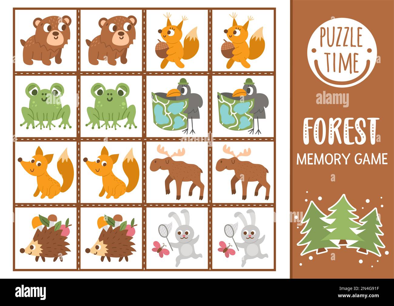 Memory Game for Preschool Children, Vector Cards with Cartoon