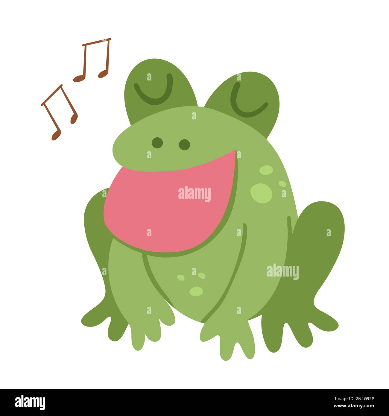 Vector singing frog. Funny woodland swamp animal. Cute forest illustration for kids isolated on white background. Green cartoon toad icon Stock Vector