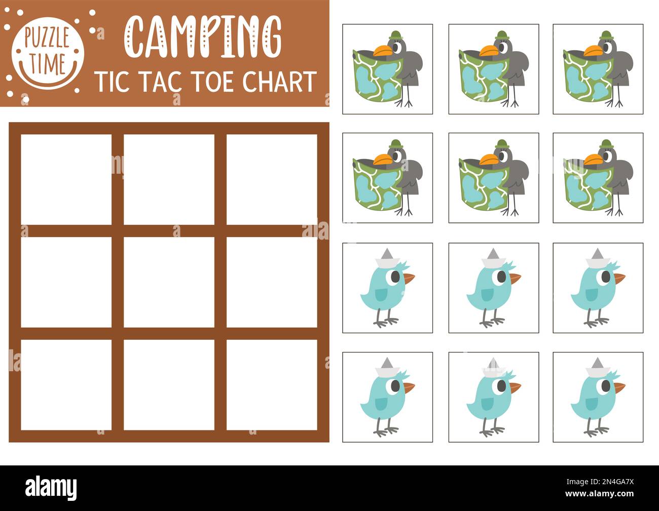 Vector forest tic tac toe chart with cute birds. Woodland board game playing field with animal with map. Funny printable worksheet for kids. Camping n Stock Vector
