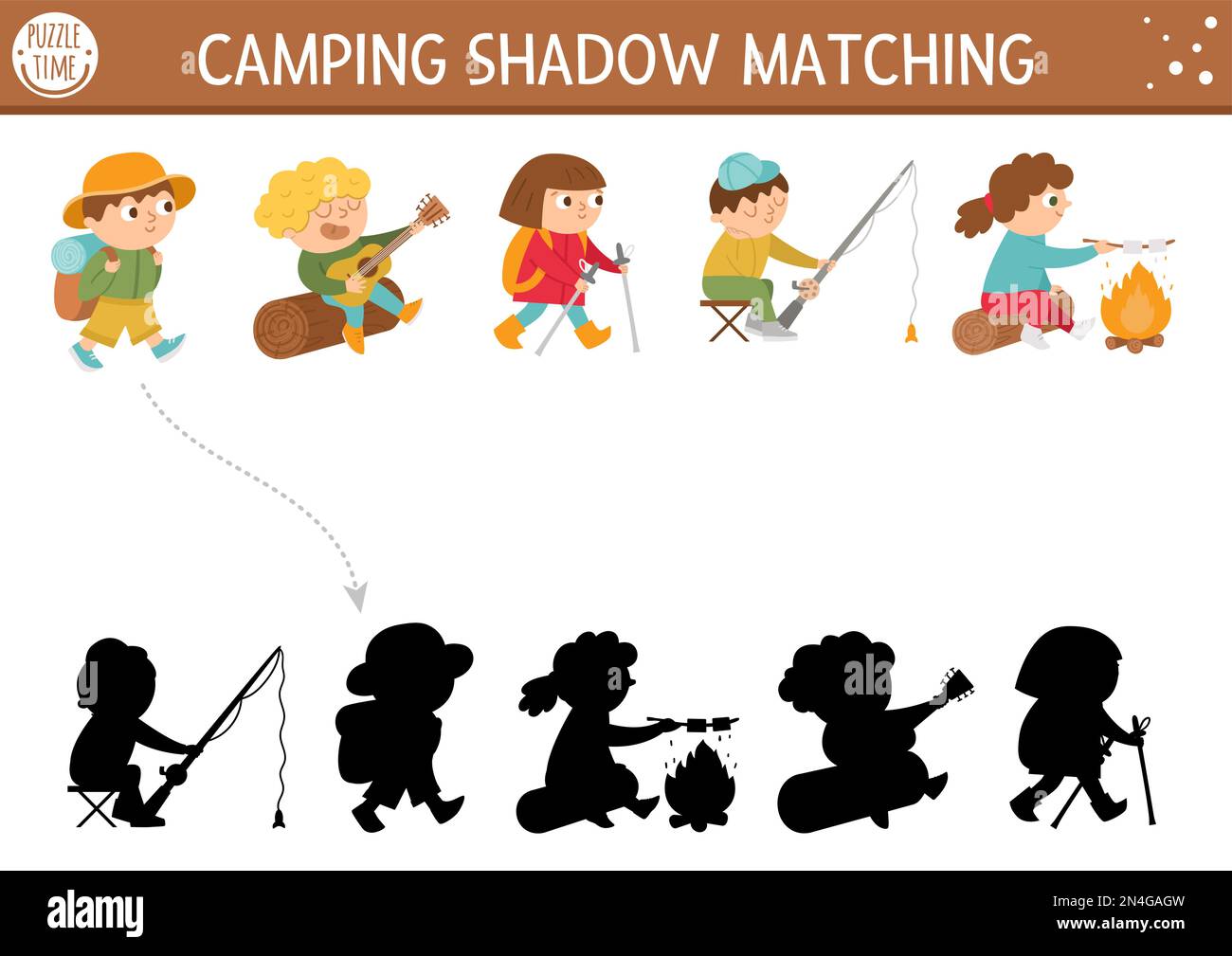Summer camp shadow matching activity with cute children. Family nature trip puzzle with kids fishing, hiking, playing guitar. Find the correct silhoue Stock Vector