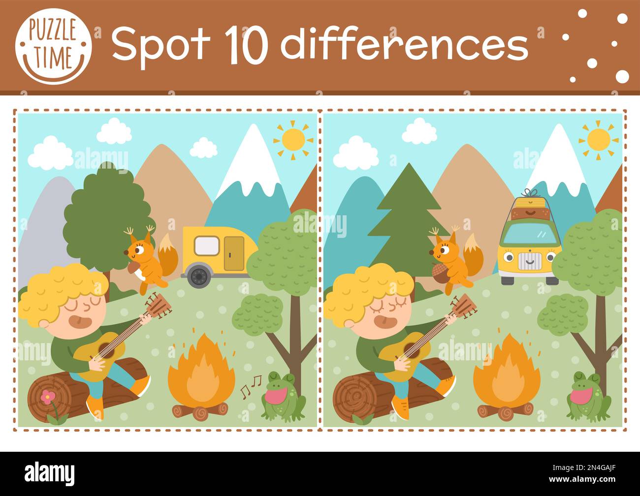 Find differences game for children. Summer camp educational activity with kid playing the guitar. Printable worksheet with cute camping or forest scen Stock Vector