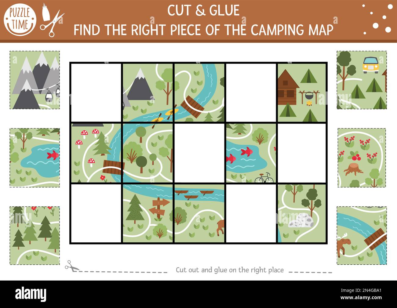 Vector camping cut and glue activity. Summer camp educational crafting game with cute scene. Fun printable worksheet for children. Find the right piec Stock Vector