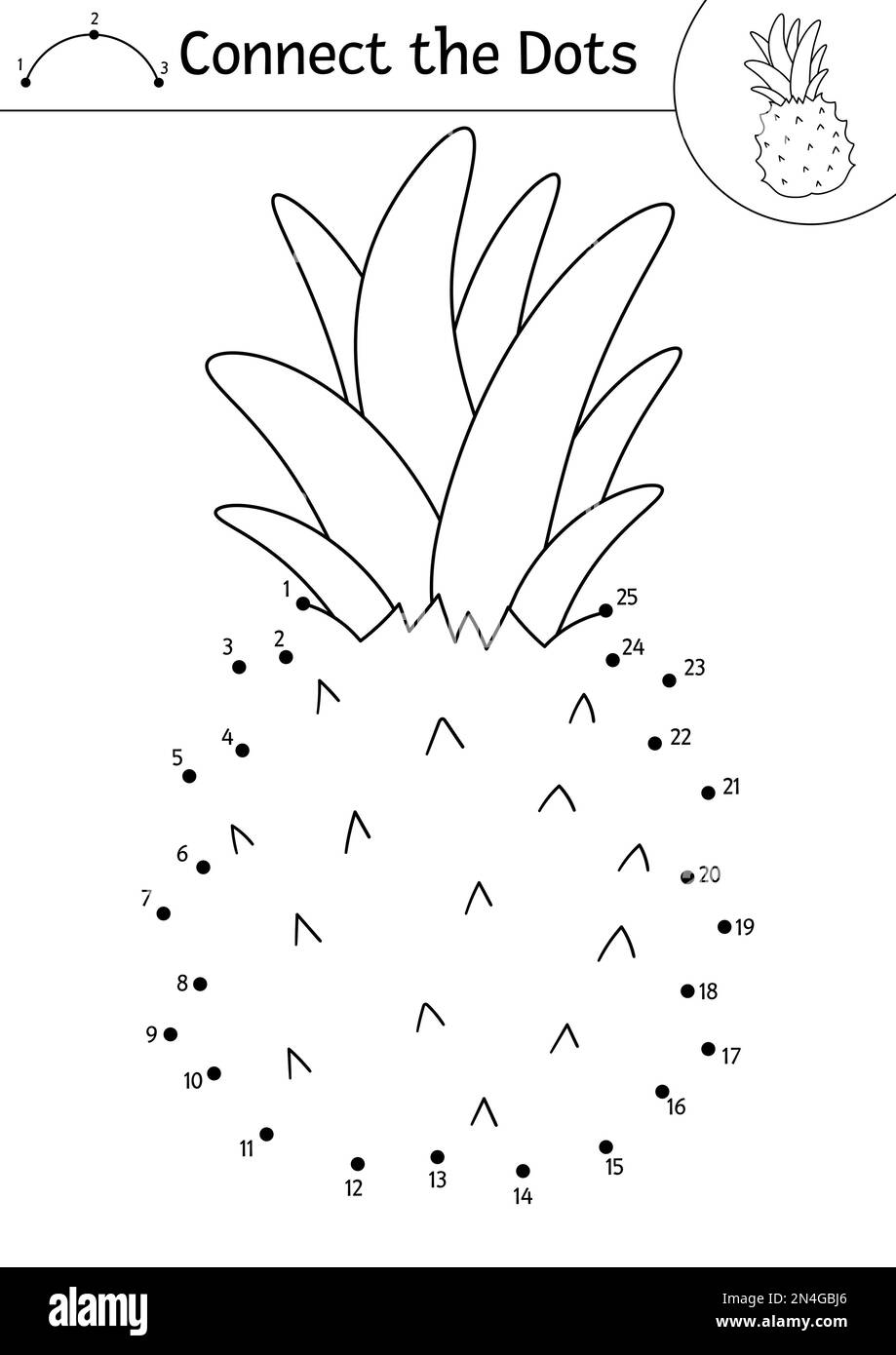 Vector dot-to-dot and color activity with pineapple. Summer connect the dots game for children with funny exotic fruit. Tropical coloring page for kid Stock Vector