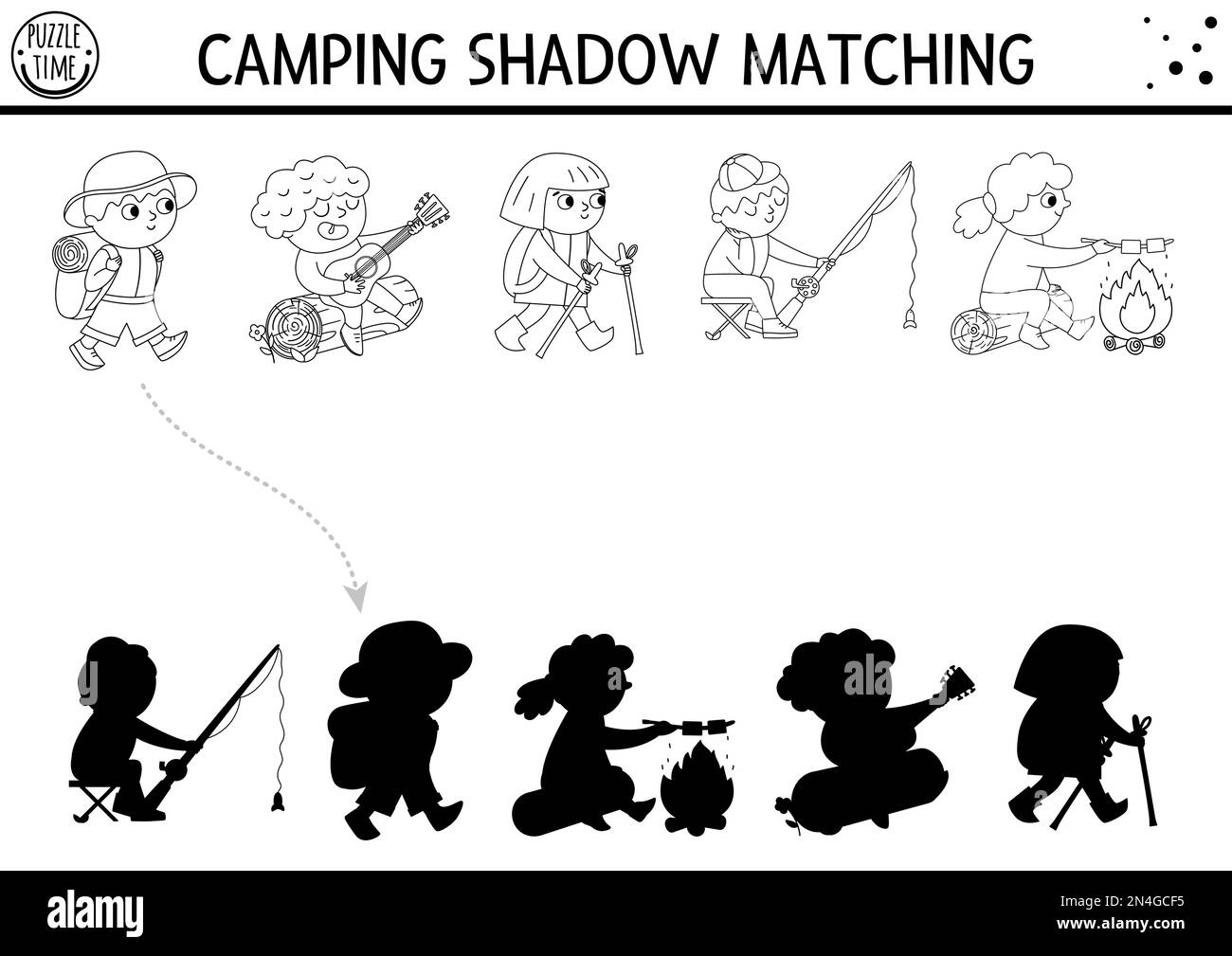 Black and white summer camp shadow matching activity with cute children ...