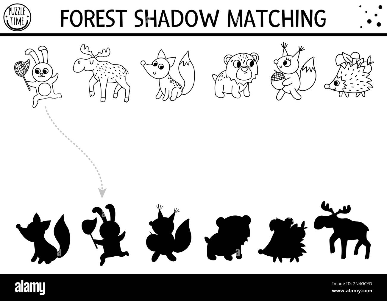 Forest or camping black and white shadow matching activity with cute animals. Road trip outline puzzle with moose, fox, bear, rabbit. Find the correct Stock Vector
