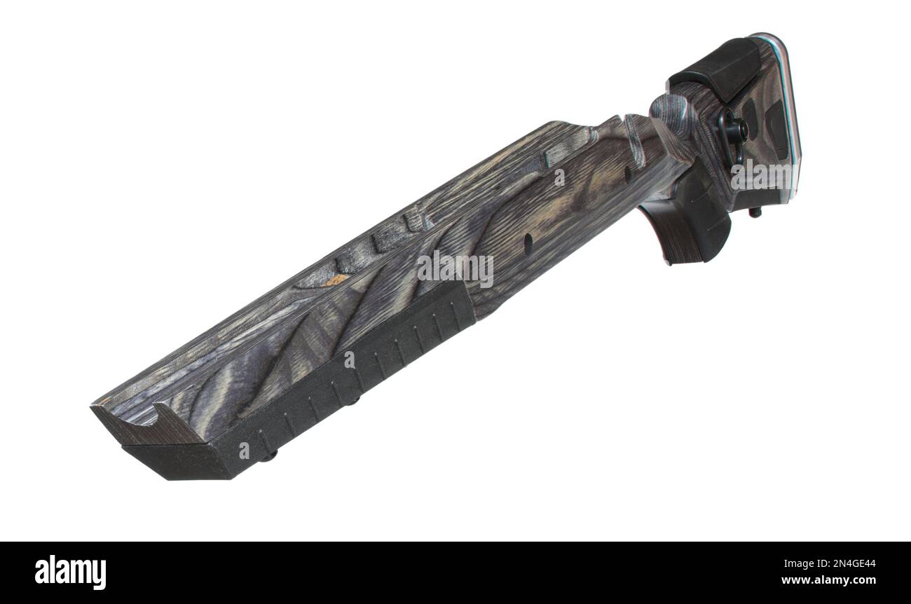 Wood bolt action rifle stock made for lefties isolated on white Stock