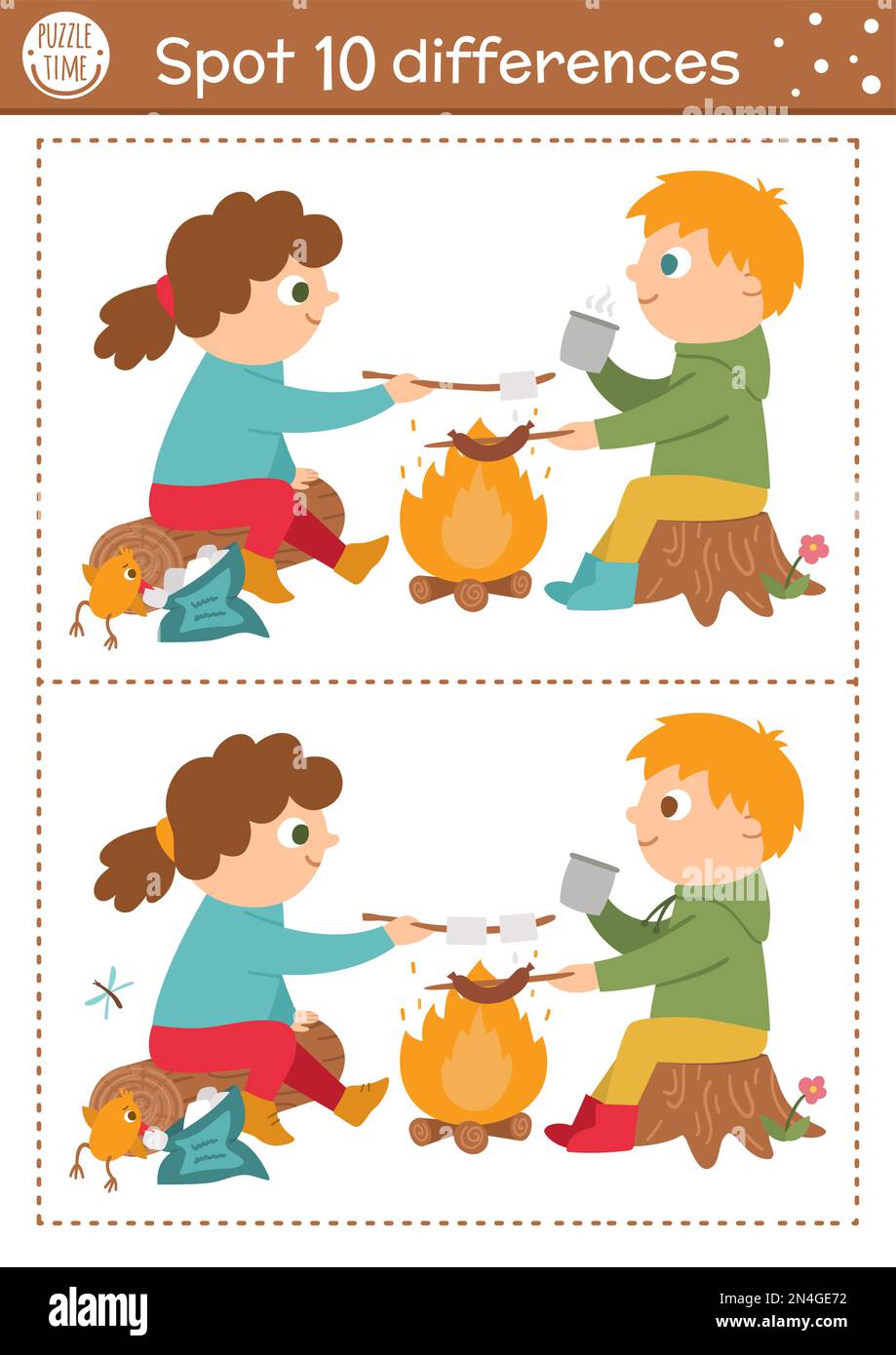 Find differences game for children. Summer camp educational activity with kids and fire. Printable worksheet with cute camping or forest scenery. Wood Stock Vector