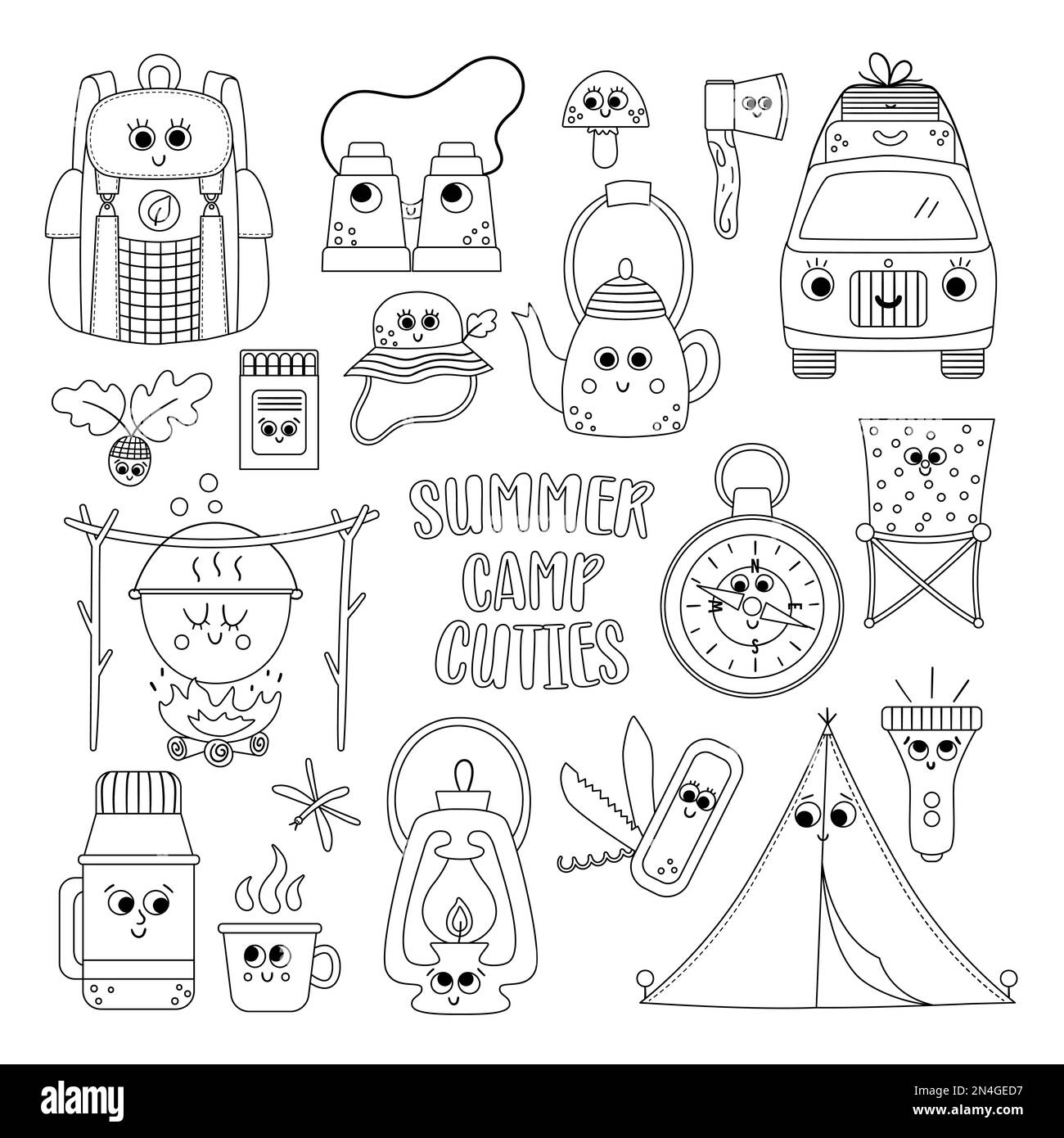 Vector black and white summer camp kawaii elements set. Camping, hiking ...