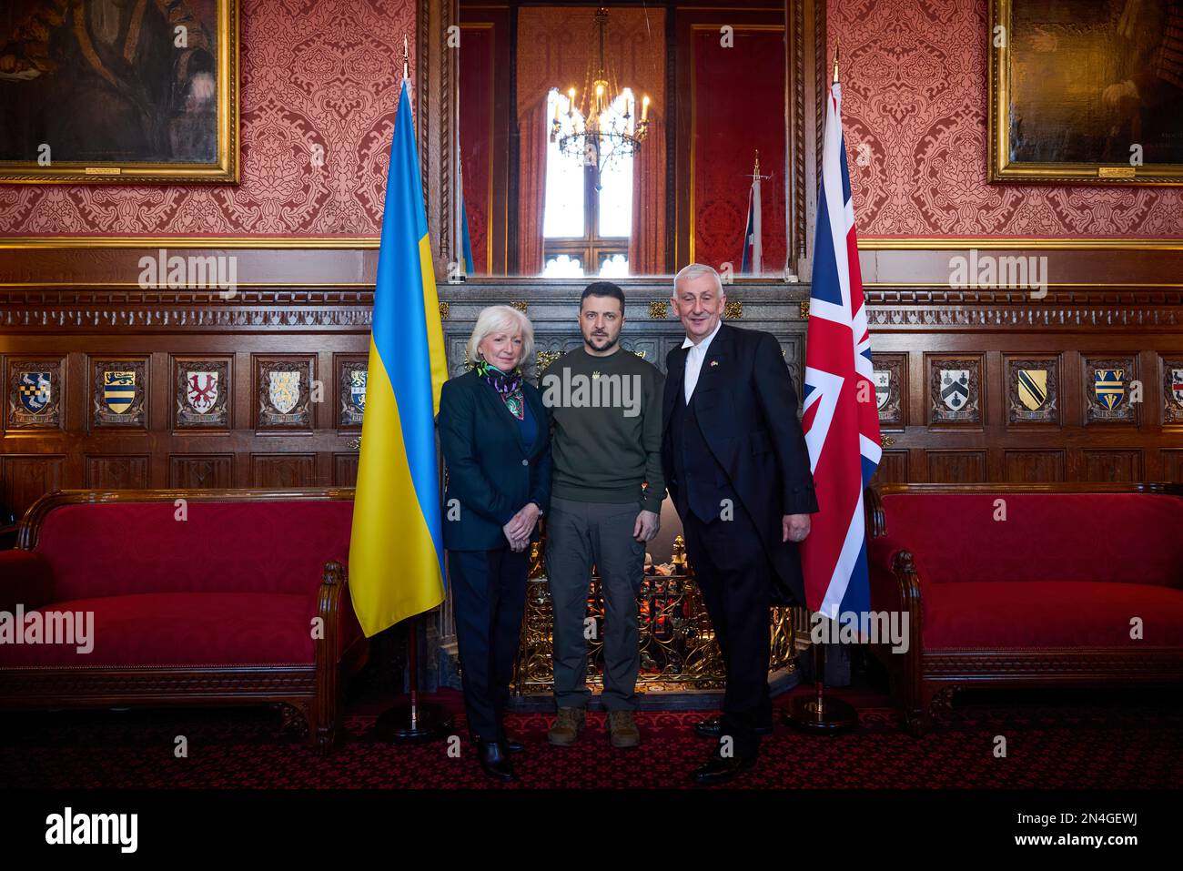 Combat aircraft – for Ukraine, wings – for freedom – address by President Volodymyr Zelensky to both Houses of Parliament of the United Kingdom. The Ukraine President visited the United Kingdom on February 8, 2023 and attempting to win British support for the supply of British NATO standard fighter aircraft. Stock Photo