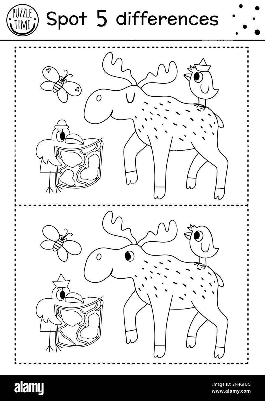 Forest find differences game for children. Black and white educational activity and coloring page with moose and birds. Summer camp or woodland printa Stock Vector