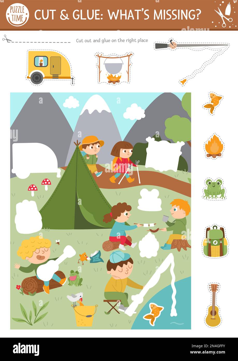 Vector camping cut and glue activity. Summer camp educational crafting game with cute scene with kids in the forest. Fun printable worksheet for child Stock Vector