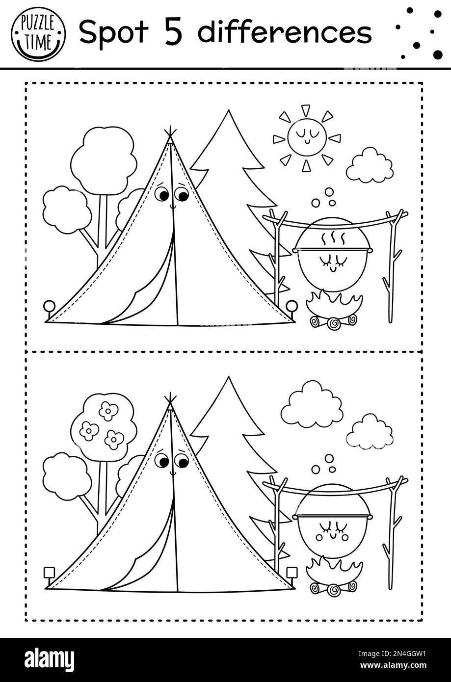 Camping find differences game for children. Black and white activity and coloring page with cute smiling kawaii tent, sun, boiler. Summer camp or road Stock Vector