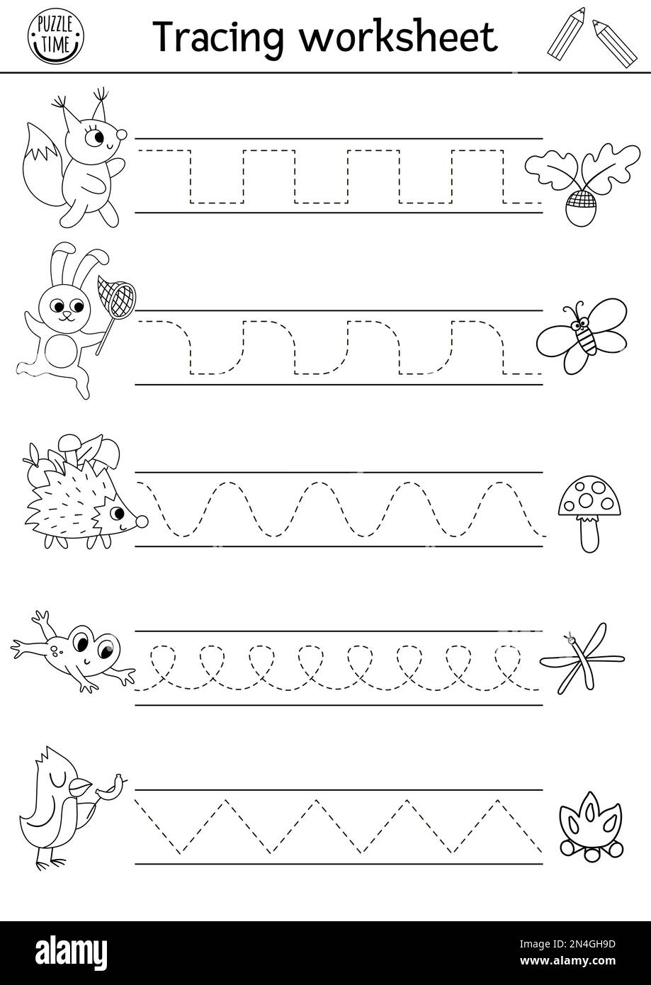 Vector forest handwriting practice worksheet. Summer woodland printable black and white activity for children. Educational tracing game for writing sk Stock Vector