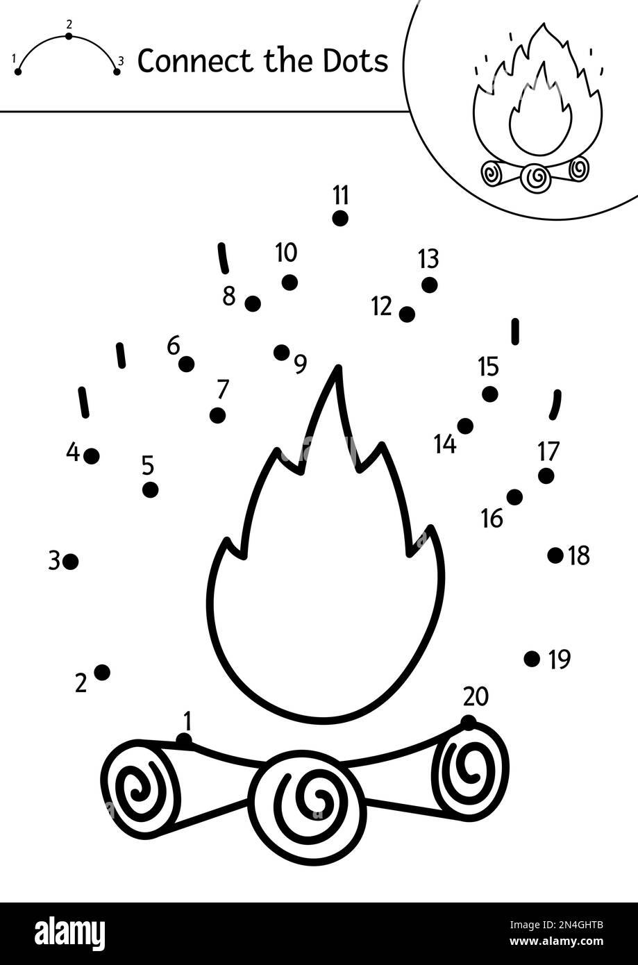Vector camping dot-to-dot and color activity with cute fire on logs. Summer camp connect the dots game for children. Funny adorable road trip coloring Stock Vector