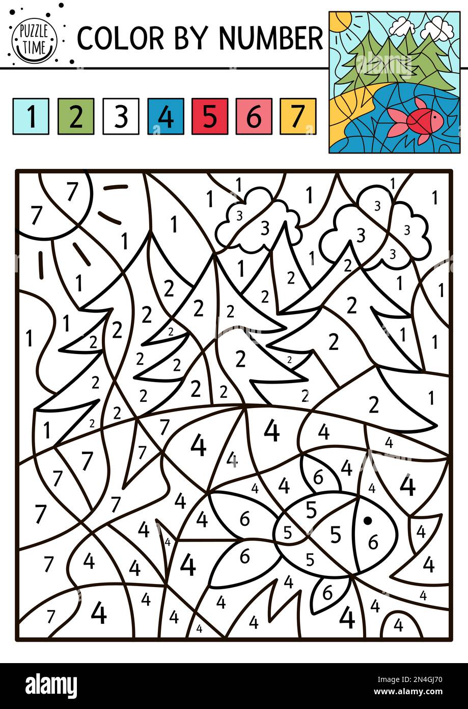 Vector forest color by number activity with fir trees, river, sun and bird red fish. Summer road trip coloring and counting game. Funny coloration pag Stock Vector