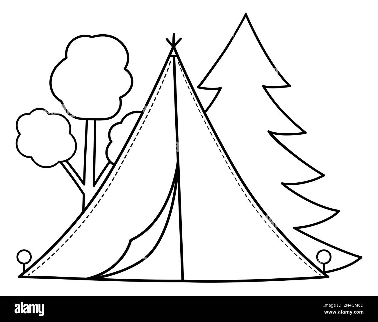 Summer camp black and white scene with tent and forest. Vector campfire illustration. Active holidays or local tourism woodland landscape outline desi Stock Vector