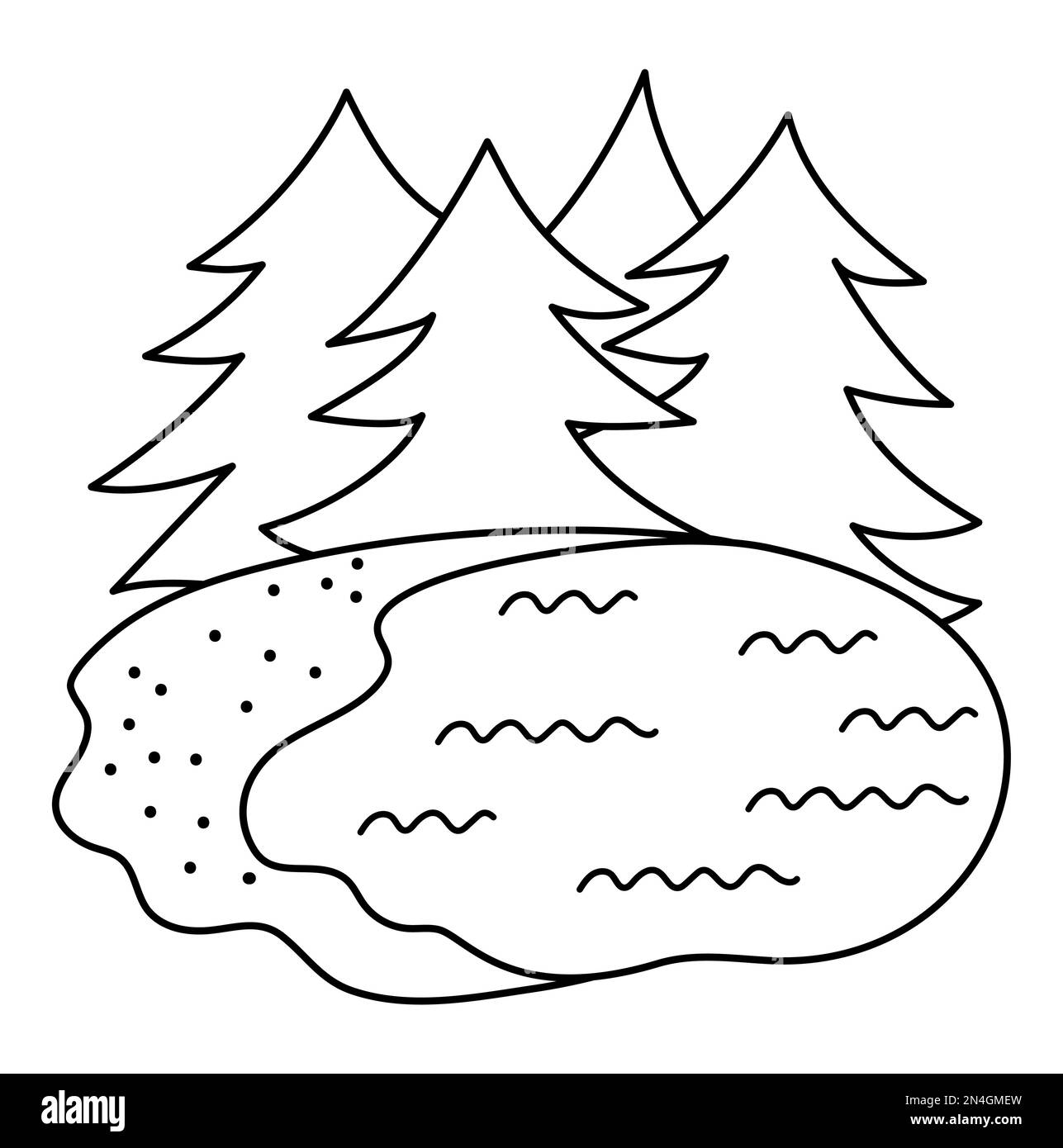 Forest black and white scene with fir trees and lake. Vector outline woodland illustration. Active holidays, camping or local tourism landscape design Stock Vector