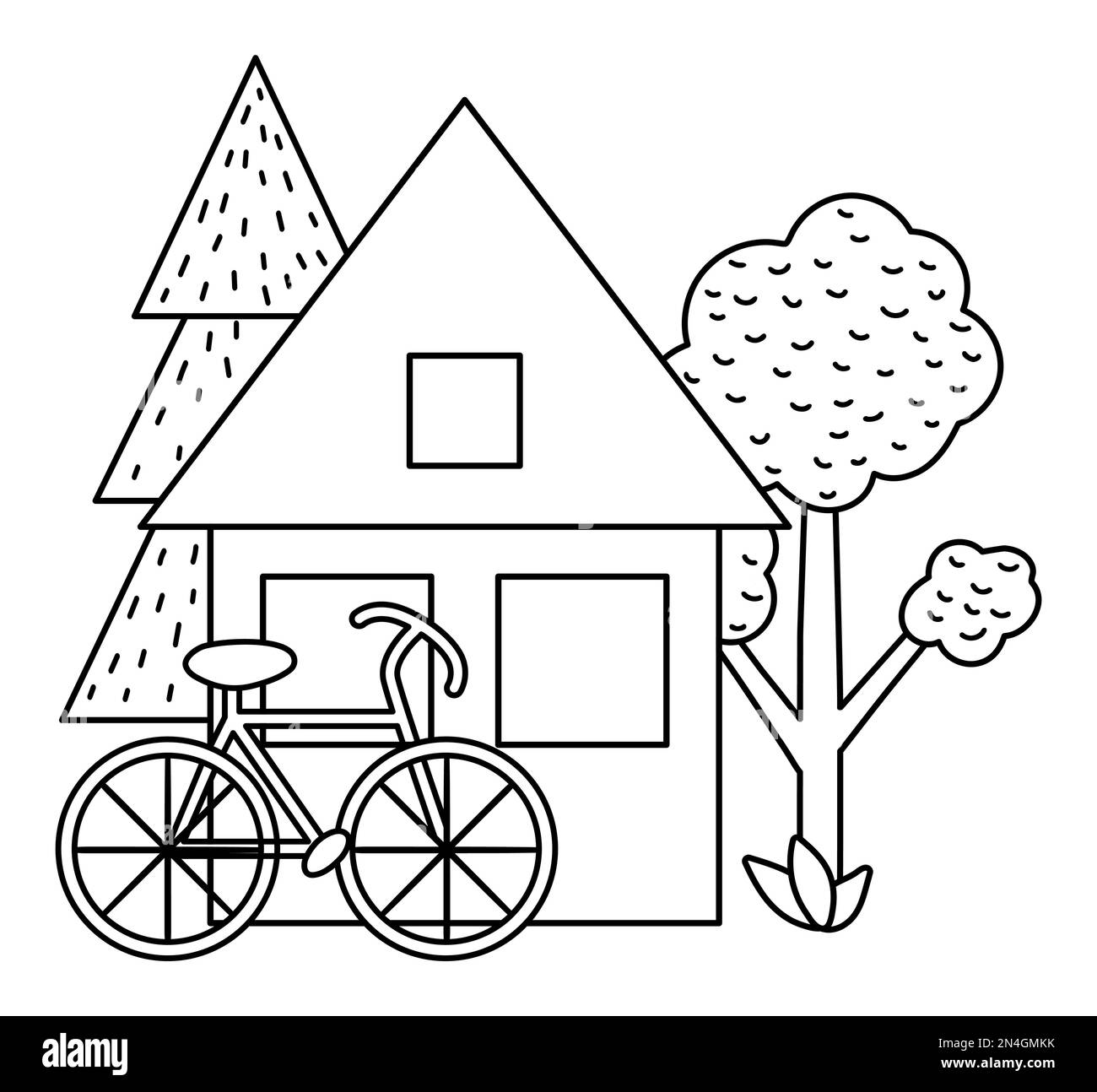 Summer camp black and white scene with house, trees, bicycle. Vector outline campfire illustration. Active holidays or local tourism woodland landscap Stock Vector