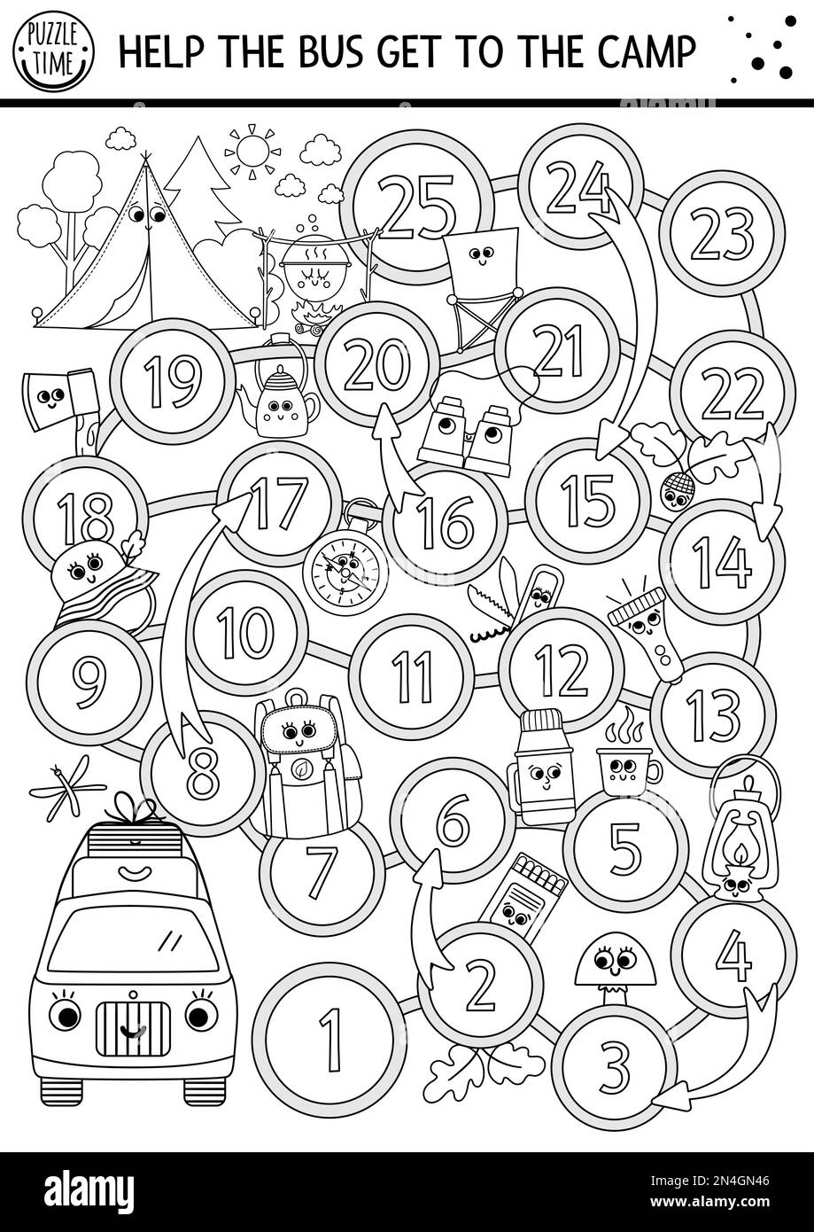 Black and white summer camp dice board game for children with cute