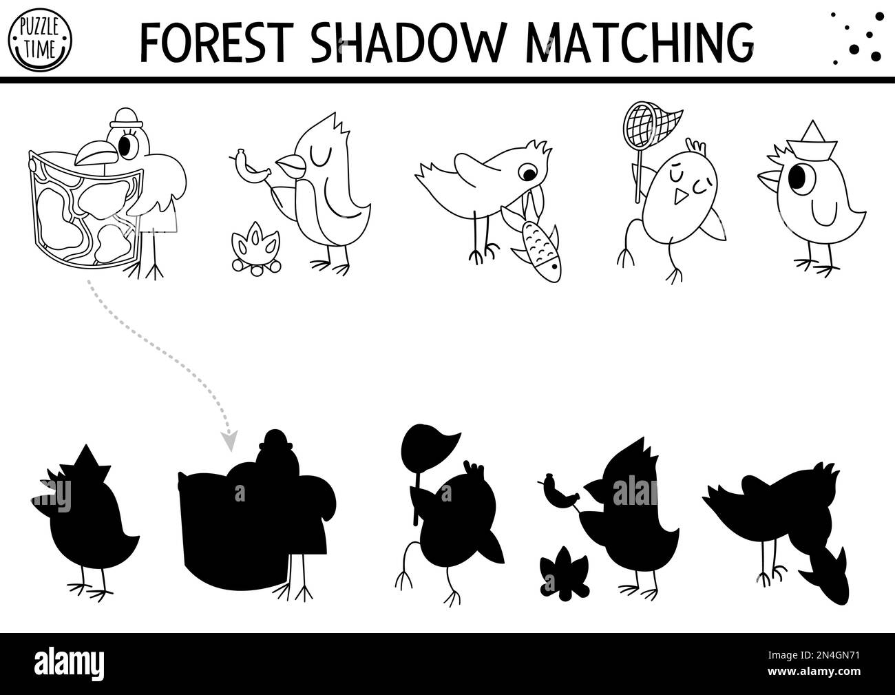 Forest or camping black and white shadow matching activity with cute animals. Road trip outline puzzle with birds, raven. Find the correct silhouette Stock Vector